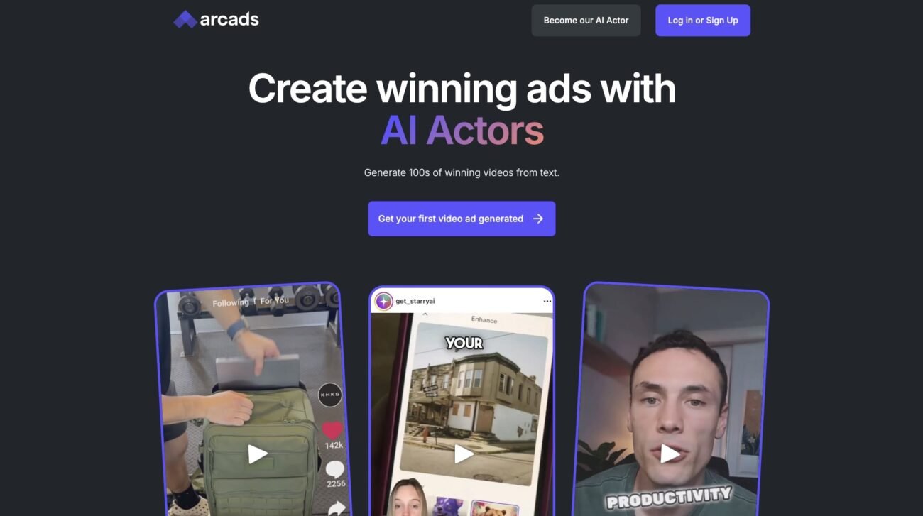 rcads AI platform dashboard showing AI-generated video ad creation interface with avatars and text-to-video features