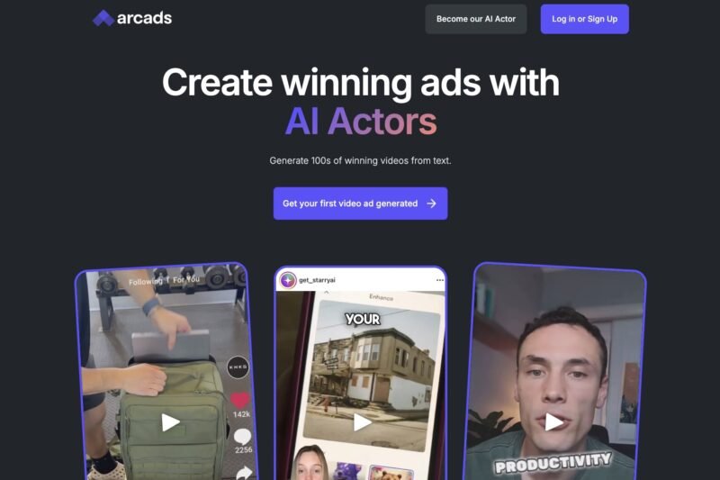 rcads AI platform dashboard showing AI-generated video ad creation interface with avatars and text-to-video features