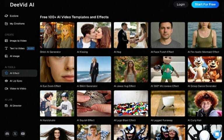 Deevid AI dashboard interface displaying AI video generation tools including text-to-video, image-to-video, AI effects templates, and content creation workspace on a dark mode background