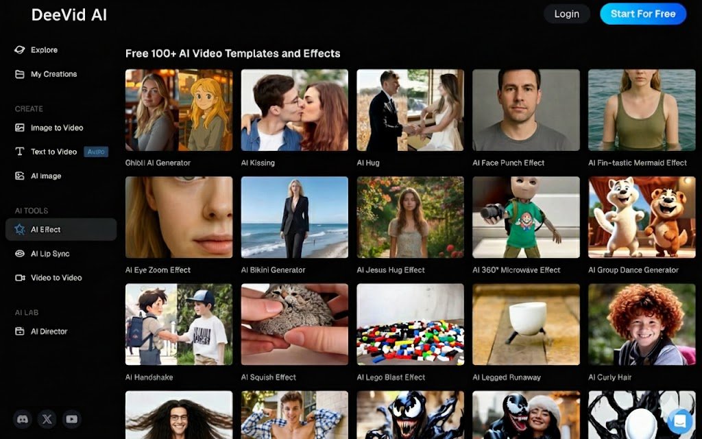 Deevid AI dashboard interface displaying AI video generation tools including text-to-video, image-to-video, AI effects templates, and content creation workspace on a dark mode background