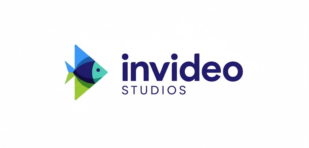 Invideo Studios logo featuring a geometric fish icon in blue and green.