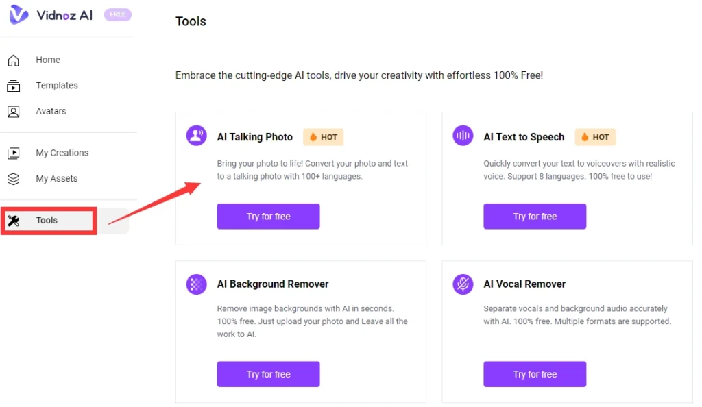 Vidnoz AI Tools Dashboard Vidnoz AI tools dashboard showing AI Talking Photo, AI Text to Speech, AI Background Remover, and AI Vocal Remover options.