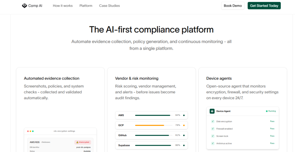 "Landing page of Comp AI, an AI-first compliance platform showing features for automated evidence collection, vendor risk monitoring, and open-source device agents."