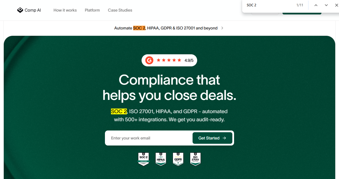 "Comp AI platform hero section featuring SOC 2, ISO 27001, HIPAA, and GDPR compliance automation with 500 plus integrations and a 4.9 out of 5 G2 rating."