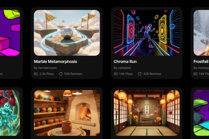 A dark-themed user interface showing a gallery of community-created games on Playabl.ai. The thumbnails showcase diverse art styles ranging from 2D vibrant illustrations to 3D realistic environments, emphasizing the platform's creative versatility