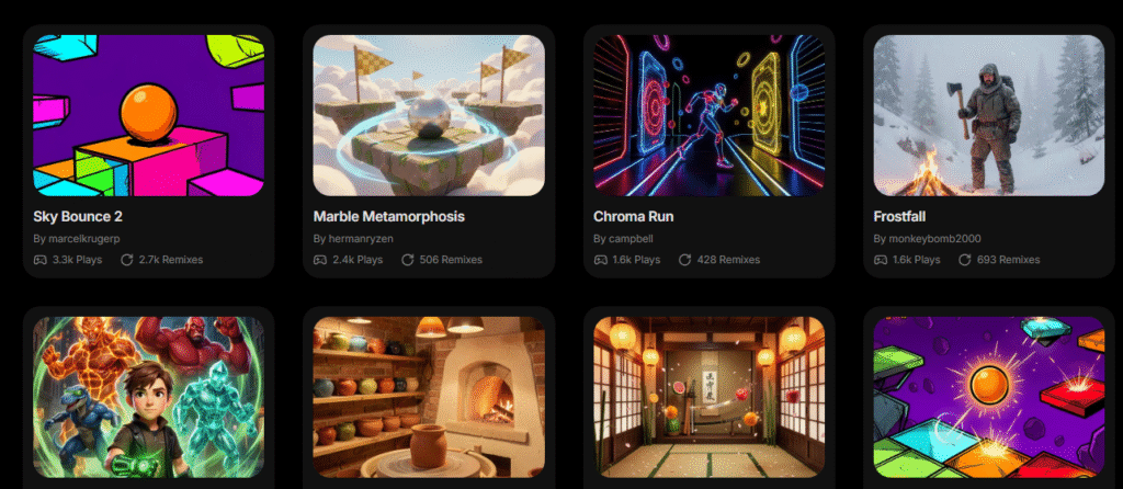 A dark-themed user interface showing a gallery of community-created games on Playabl.ai. The thumbnails showcase diverse art styles ranging from 2D vibrant illustrations to 3D realistic environments, emphasizing the platform's creative versatility