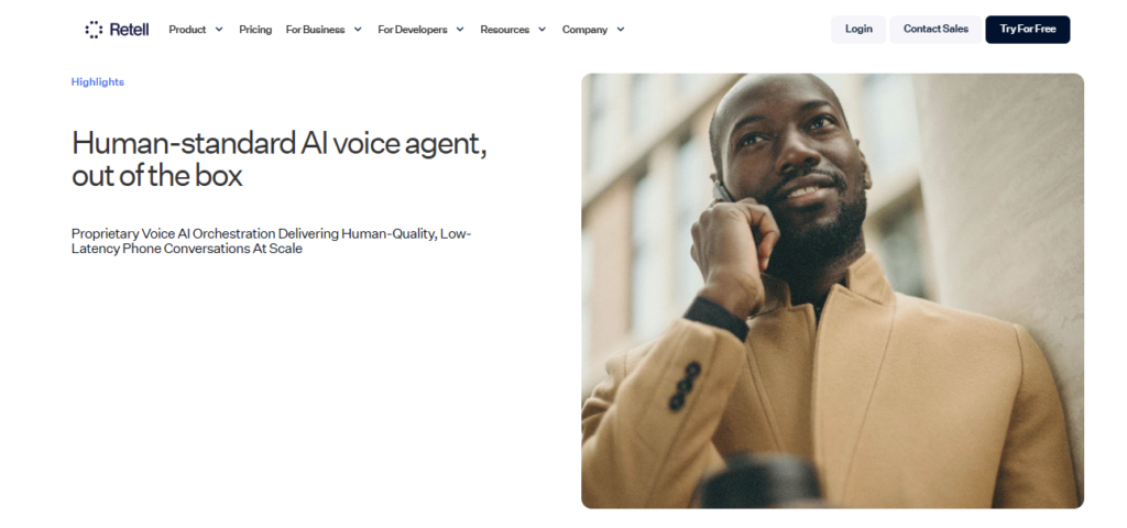 Retell AI platform interface showing a man in a tan coat talking on a phone, next to text describing human-standard AI voice agents with low-latency orchestration.