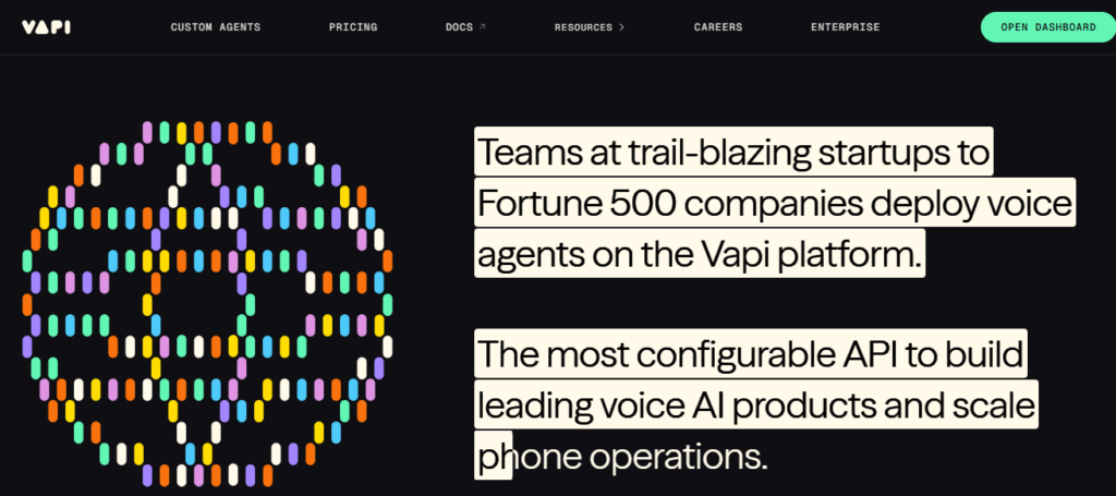 A hero section of the Vapi AI website featuring a colorful digital globe graphic and text describing the deployment of voice agents for startups and Fortune 500 companies using the Vapi AI API.