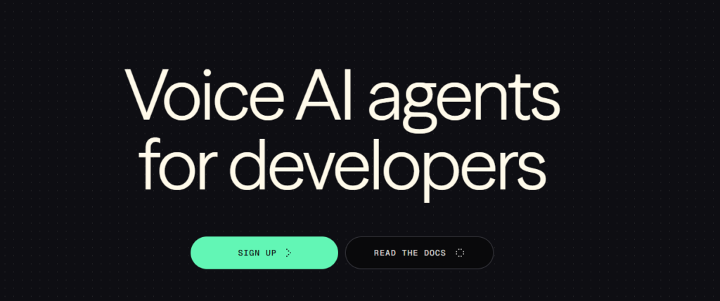 The developer landing page for Vapi AI showing a dark background with the headline "Voice AI agents for developers" and prominent buttons for "Sign Up" and "Read the Docs."