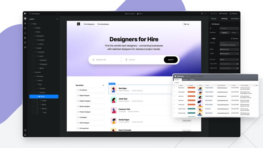 Ycode editor interface showing a native Airtable integration to build a dynamic 'Designers for Hire' directory using CMS data syncing