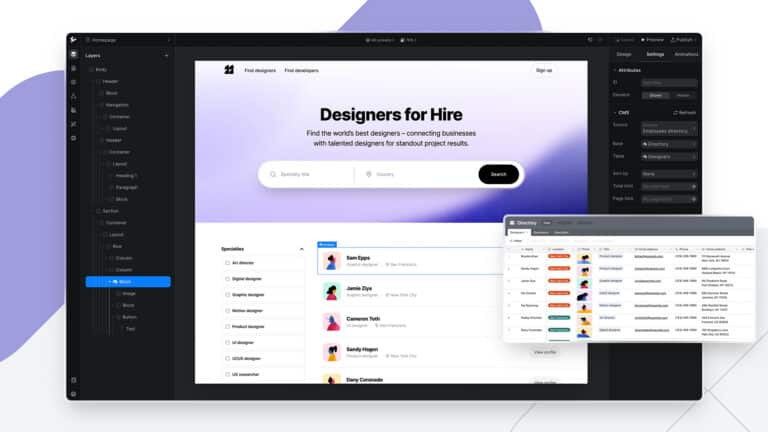 Ycode editor interface showing a native Airtable integration to build a dynamic 'Designers for Hire' directory using CMS data syncing