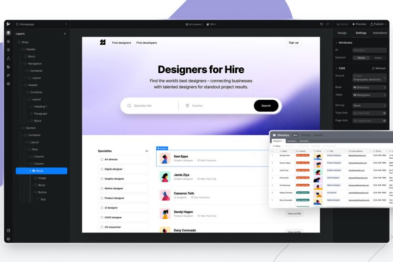 Ycode editor interface showing a native Airtable integration to build a dynamic 'Designers for Hire' directory using CMS data syncing
