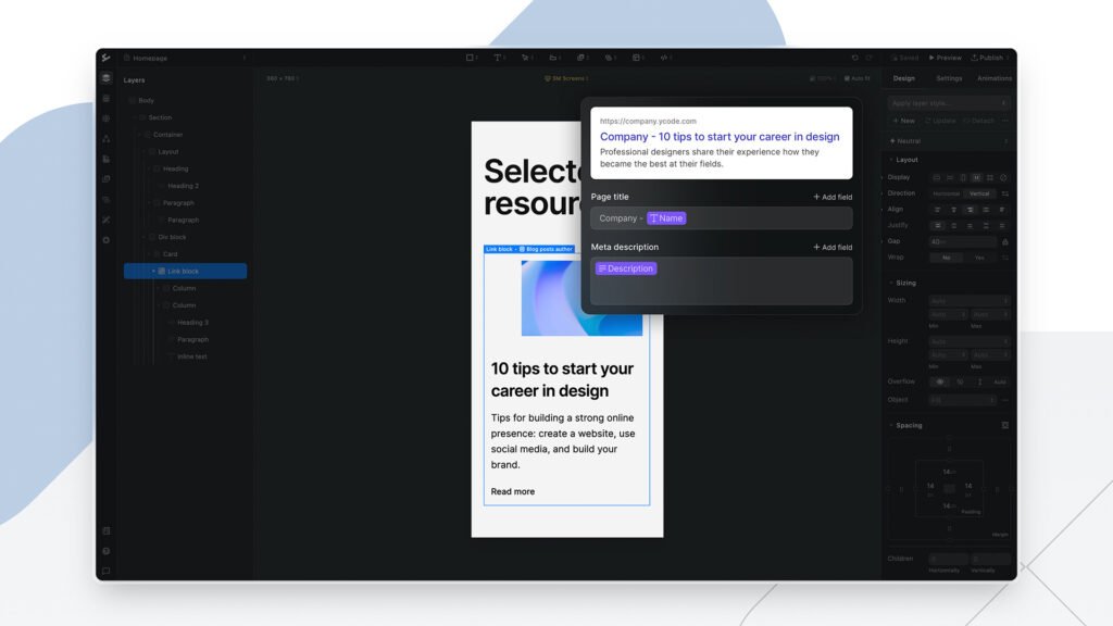 Screenshot of Ycode visual web builder interface showing dynamic SEO settings, page title customization, and meta description editor for a blog post design