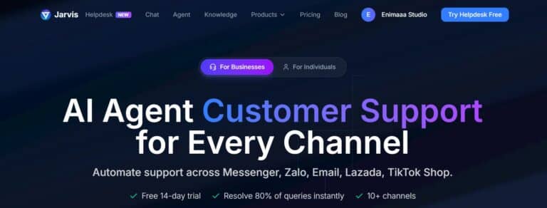Jarvis AI Helpdesk landing page showing AI agent customer support automation for businesses.