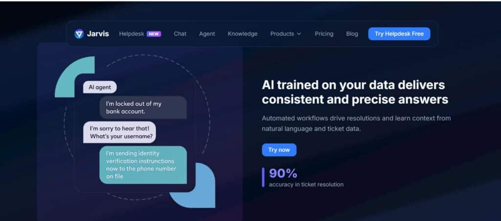 Jarvis AI interface demonstrating how an AI agent trained on custom business data resolves customer support tickets with 90% accuracy.