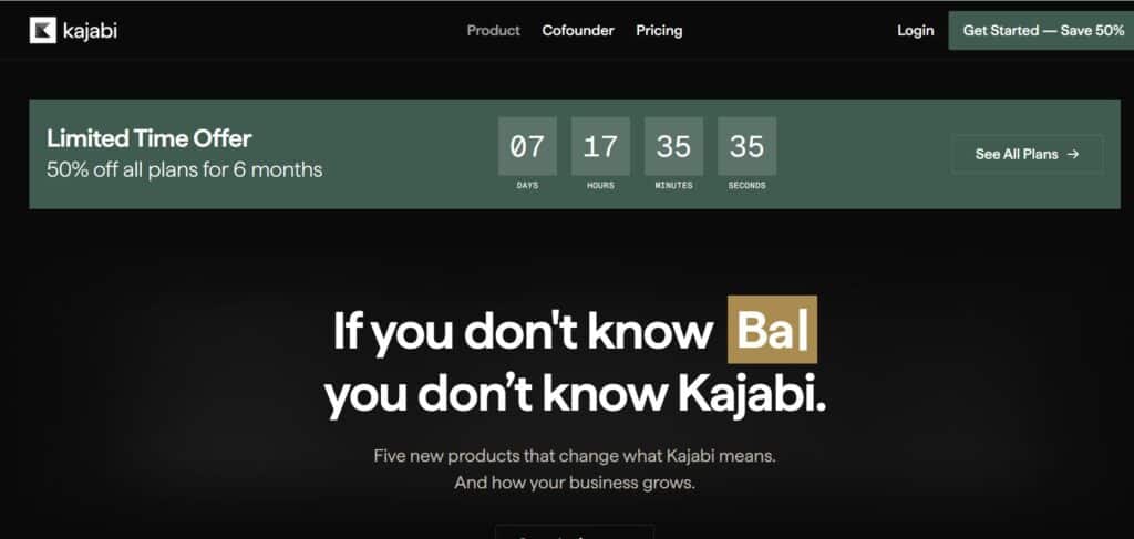 Kajabi homepage showing a limited time offer banner with a countdown timer for 50% off all plans for 6 months
