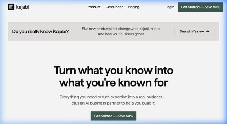 Kajabi review 2026 — all-in-one course platform homepage showing Turn what you know into what you're known for