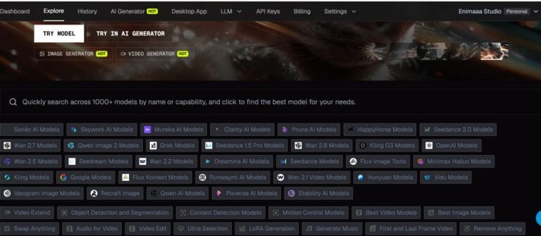 WaveSpeed AI dashboard showing the model explorer with 1000+ AI models including Seedance 2.0, Kling O3, GPT Image 2, and video generation tools for image, video, and audio creation