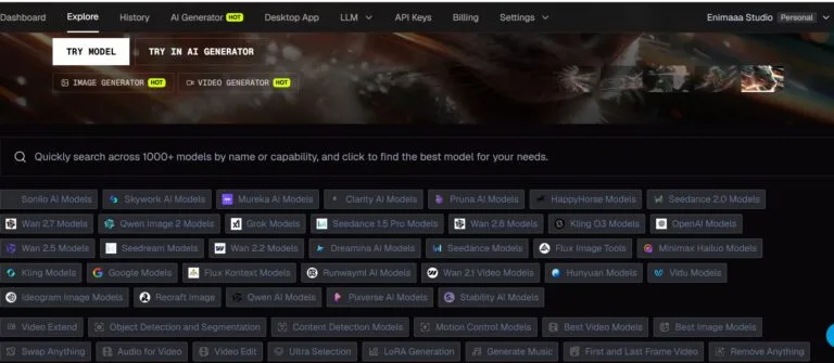 WaveSpeed AI dashboard showing the model explorer with 1000+ AI models including Seedance 2.0, Kling O3, GPT Image 2, and video generation tools for image, video, and audio creation