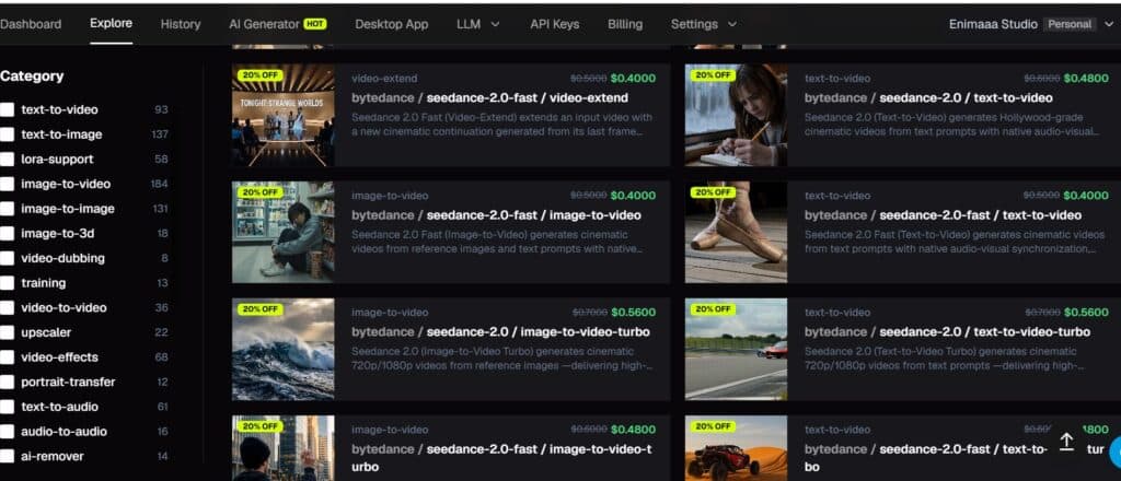 WaveSpeed AI pricing interface showing Seedance 2.0 video generation models with 20% discount, displaying text-to-video, image-to-video, and video editing options with prices ranging from $0.4000 to $0.5600 per generation