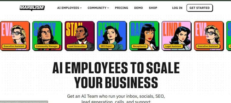 Marblism homepage showing AI employee team — Eva, Sonny, Stan, Penny, Rachel, Linda — with roles like Executive Assistant, SEO Expert, Lead Generation