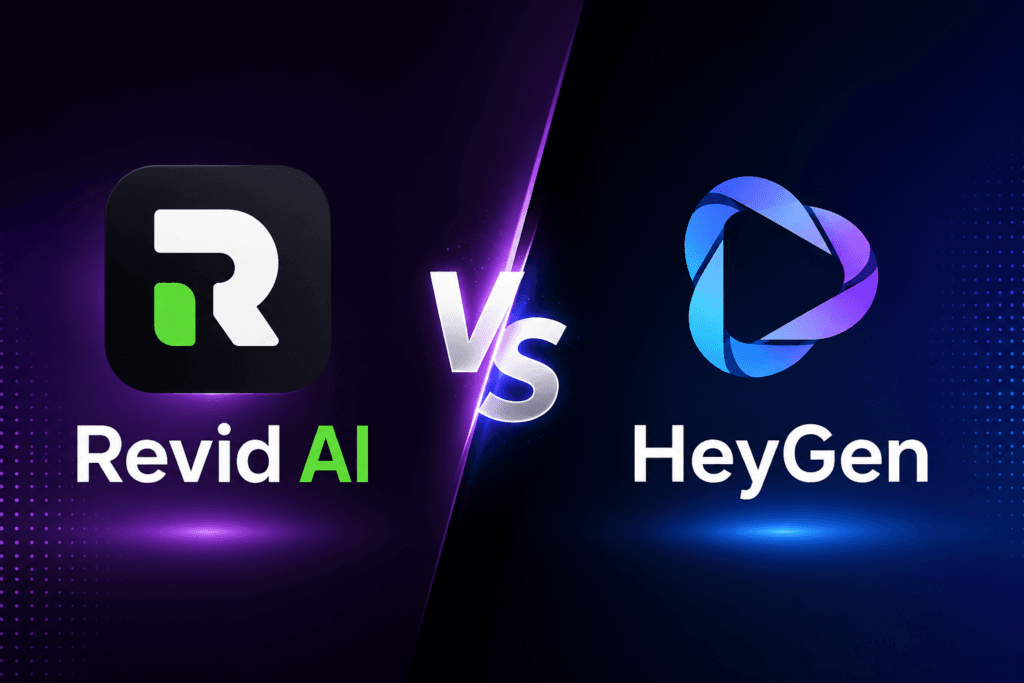 Current image: Revid AI vs HeyGen comparison image showing the official logos of Revid AI and HeyGen with a VS design for AI video generator comparison.
