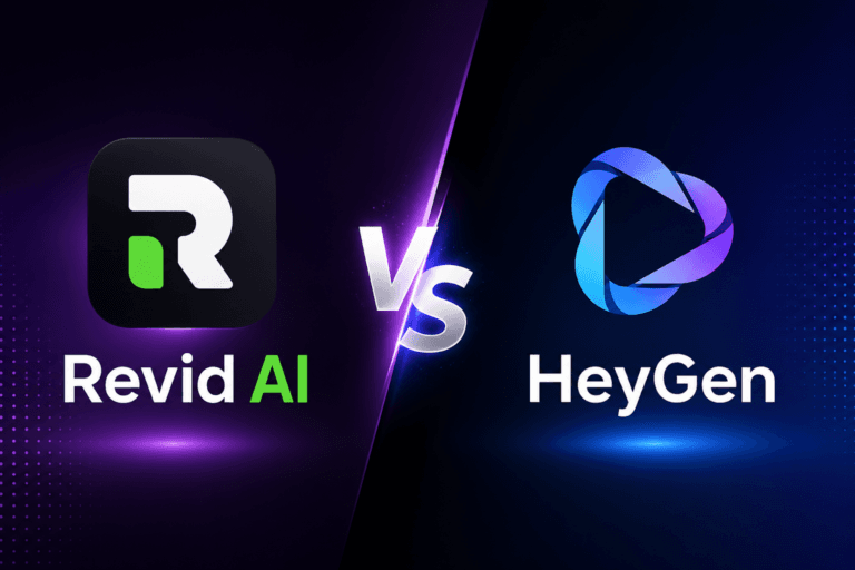 Revid AI vs HeyGen comparison image showing the official logos of Revid AI and HeyGen with a VS design for AI video generator comparison.