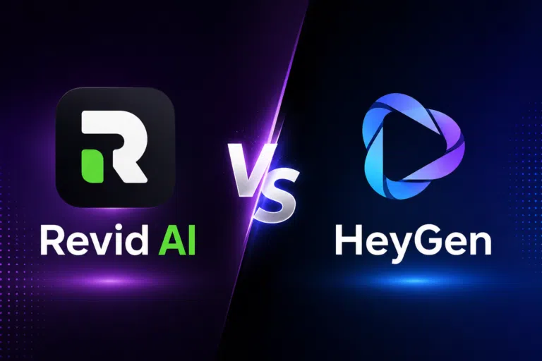 Revid AI vs HeyGen comparison image showing the official logos of Revid AI and HeyGen with a VS design for AI video generator comparison.