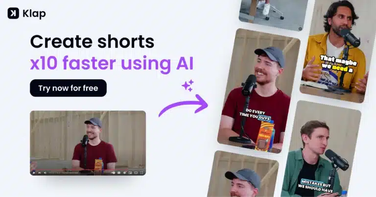 Klap AI promotional banner showing how to turn long YouTube videos into short, captioned social media clips using AI